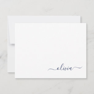 Navy Blue White Modern Script Girly Monogram Name Thank You Card