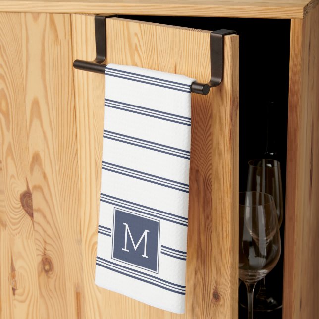 Navy-Blue & White Modern Stripes Tea Towel (Thirds Fold)