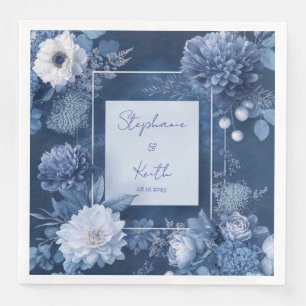 Navy Blue White Monochrome Floral Winter Wedding Napkin