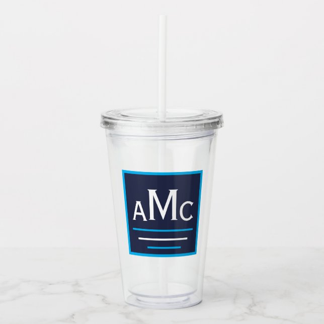 Navy Blue & White Monogram Acrylic Tumbler (Front)