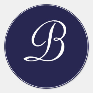 Navy Blue & White Monogram "B" Classic Round Sticker
