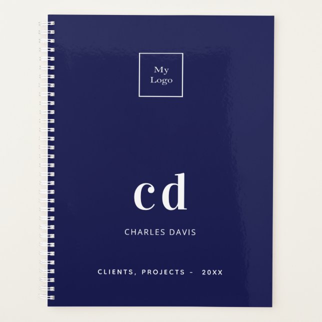 Navy blue white monogram business logo 2026 planner (Front)