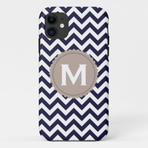 Navy Blue White Monogram Chevron Pattern iPhone 11 Case