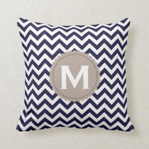Navy Blue White Monogram Chevron Pattern Cushion