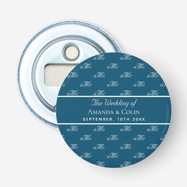 Navy Blue white monogram couple initials wedding Bottle Opener (Front)