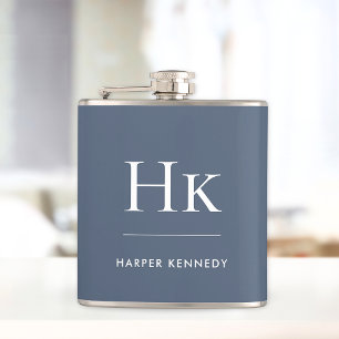 Navy Blue White Monogram Elegant Personalised Hip Flask