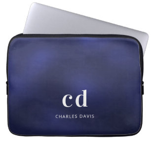 Navy blue white monogram initails name  laptop sleeve