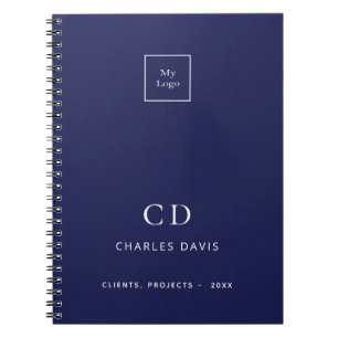 Navy blue white monogram initials business logo notebook