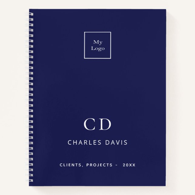 Navy blue white monogram initials business logo notebook (Front)