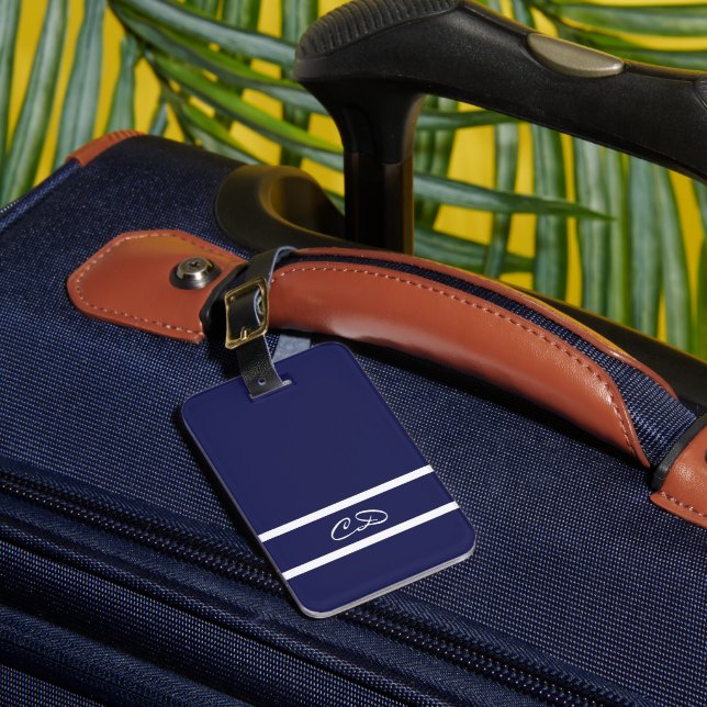 Navy blue white monogram initials luggage tag (Front Insitu 1)