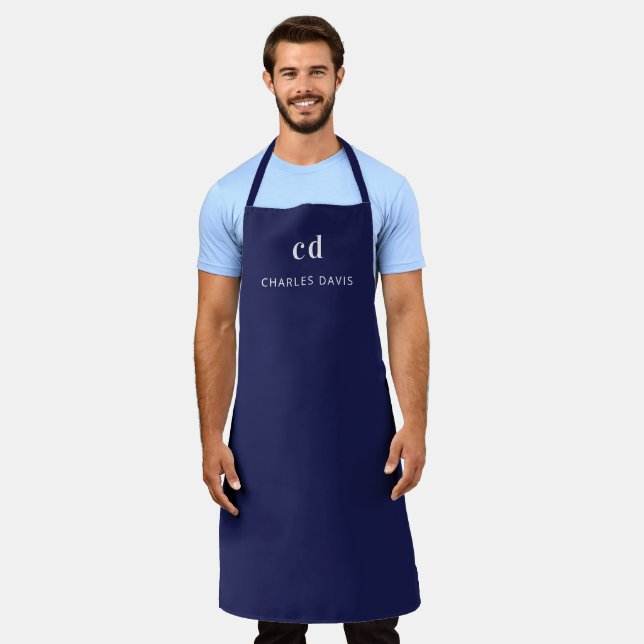 Navy blue white monogram name business apron (Worn)