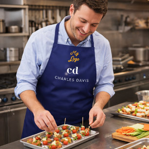 Navy blue white monogram name business logo apron