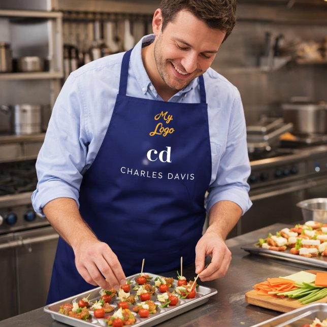 Navy blue white monogram name business logo apron (Creator Uploaded)