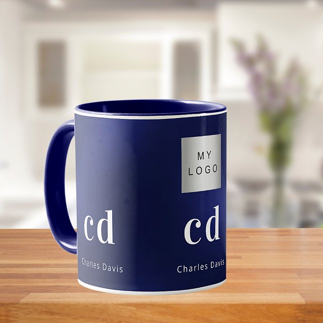 Navy blue white monogram name business logo mug (Creator Uploaded)