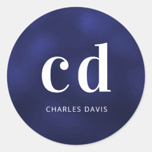 Navy blue white monogram name classic round sticker