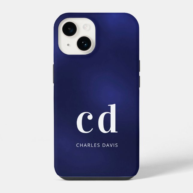 Navy blue white monogram name initials minimalist iPhone case (Back)