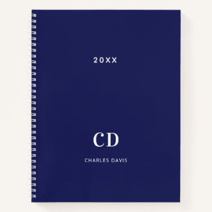 Navy blue white monogram name minimalist notebook
