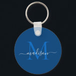 Navy Blue White Monogram Name Modern Girly Script Key Ring<br><div class="desc">Simple Navy Blue White Monogram Elegant Modern Girly Script Keychain</div>