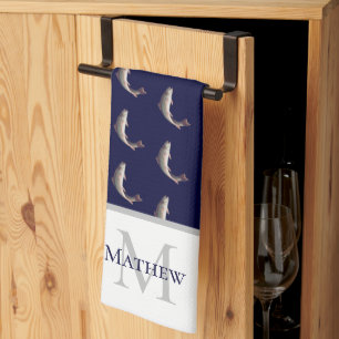 Navy Blue White Monogram name Trout pattern Tea Towel
