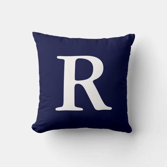 Navy Blue White Monogrammed R Throw Pillow (Front)