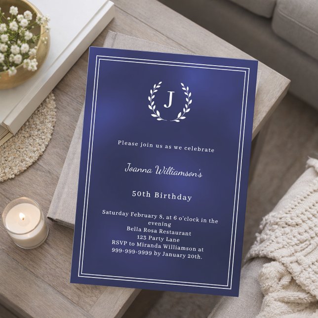 Navy blue white monogrammed wreath birthday invitation (Creator Uploaded)