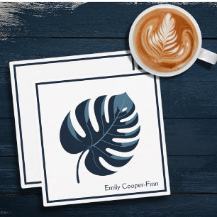 Navy Blue & White Monstera Leaf Flat Note Card
