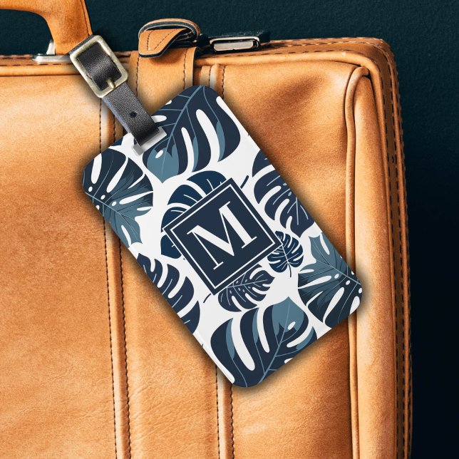 Navy Blue & White Monstera Leaf Monogram Luggage Tag (Creator Uploaded)
