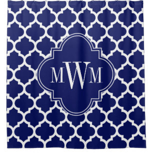 Navy Blue White Moroccan #5 Navy Blue 3I Monogram Shower Curtain