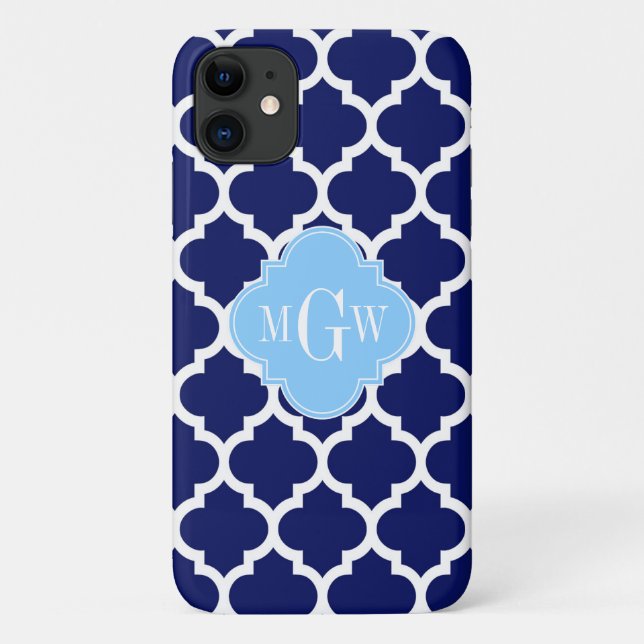 Navy Blue White Moroccan #5 Sky Blue Name Monogram Case-Mate iPhone Case (Back)