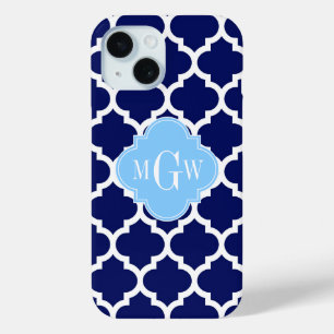 Navy Blue White Moroccan #5 Sky Blue Name Monogram iPhone 15 Case