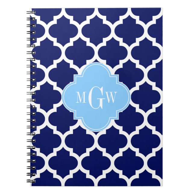Navy Blue White Moroccan #5 Sky Blue Name Monogram Notebook (Front)