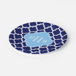Navy Blue White Moroccan #5 Sky Blue Name Monogram Paper Plate