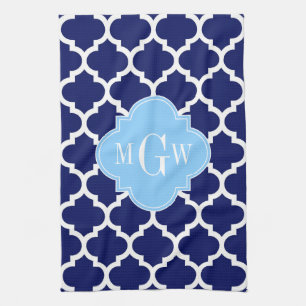 Navy Blue White Moroccan #5 Sky Blue Name Monogram Tea Towel