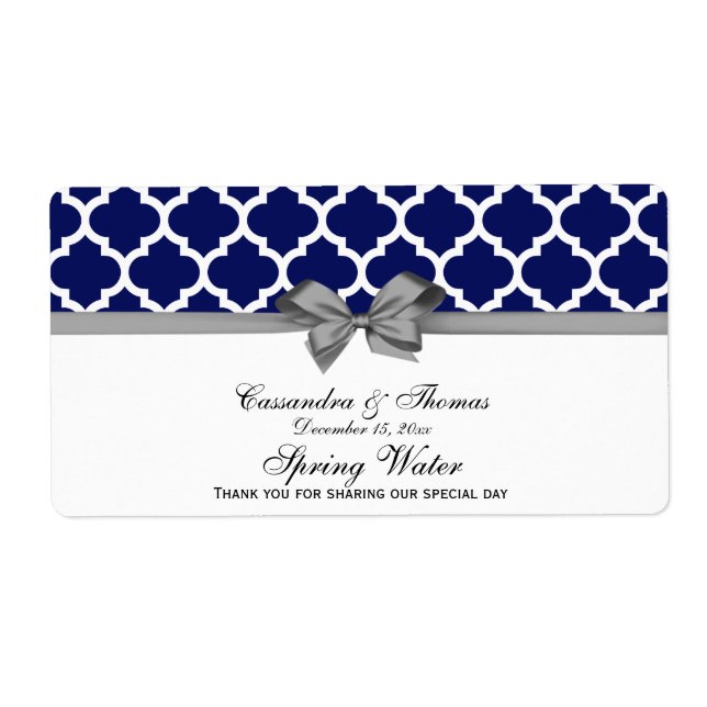 Navy Blue, White Moroccan Grey Party Water Label (Front)