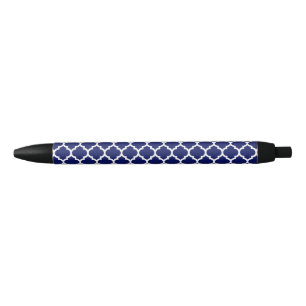 Navy Blue White Moroccan Quatrefoil Pattern #5 Black Ink Pen