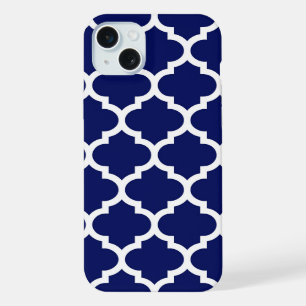 Navy Blue White Moroccan Quatrefoil Pattern #5 iPhone 15 Plus Case