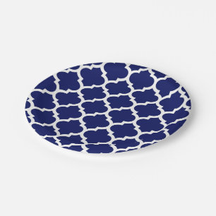 Navy Blue White Moroccan Quatrefoil Pattern #5 Paper Plate