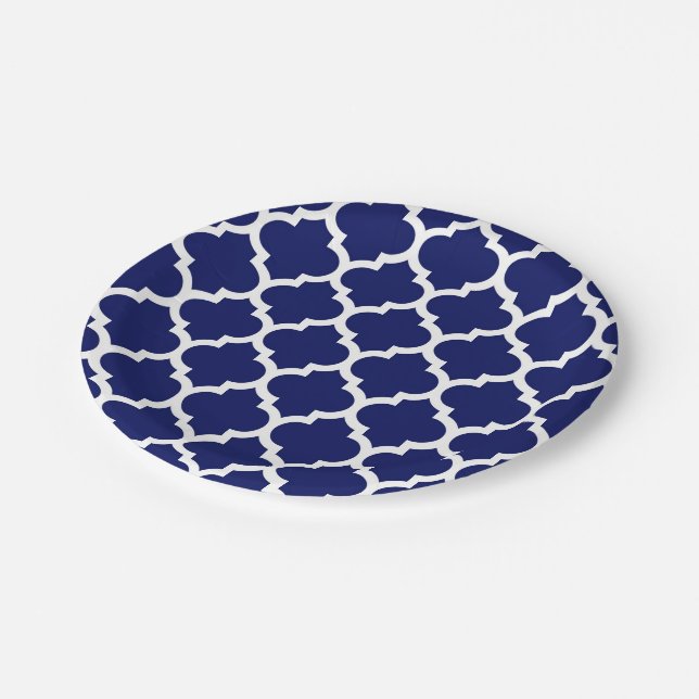 Navy Blue White Moroccan Quatrefoil Pattern #5 Paper Plate (Angled)