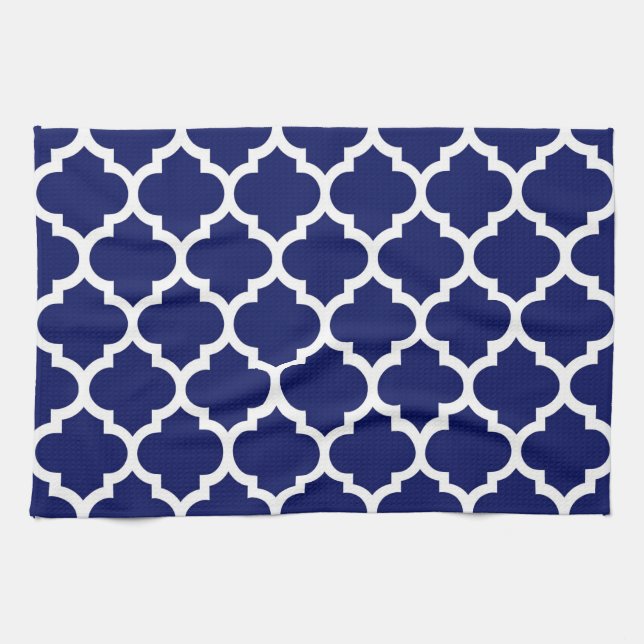 Navy Blue White Moroccan Quatrefoil Pattern #5 Tea Towel (Horizontal)