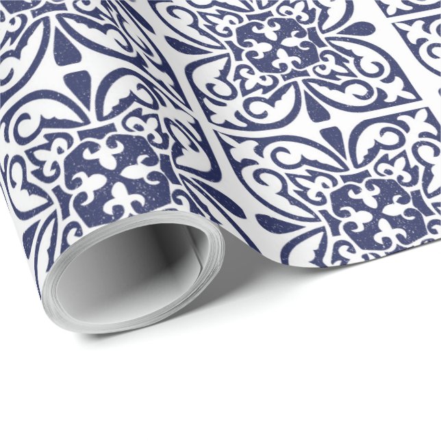 Navy Blue White Moroccan Trellis Boho Tile Pattern Wrapping Paper (Roll Corner)