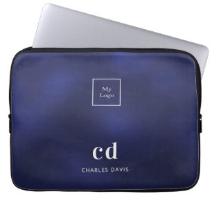 Navy blue white name initails business logo laptop sleeve