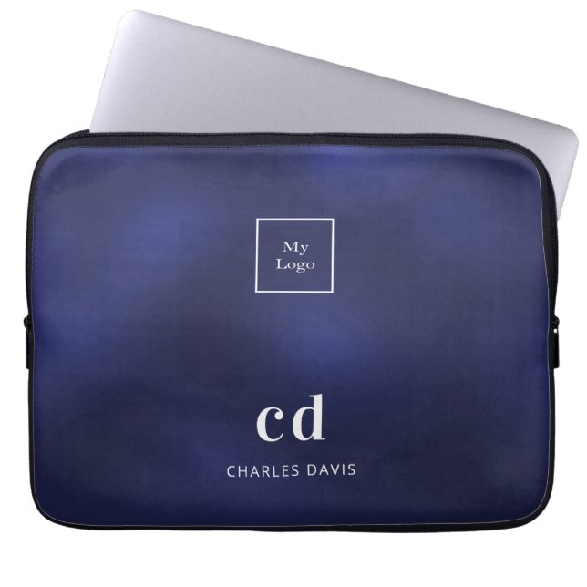 Navy blue white name initails business logo laptop sleeve (Front)