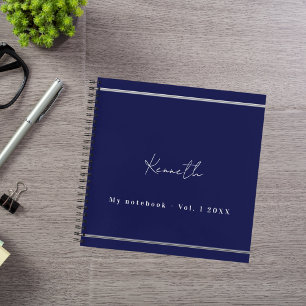 Navy blue white name script minimalist notebook