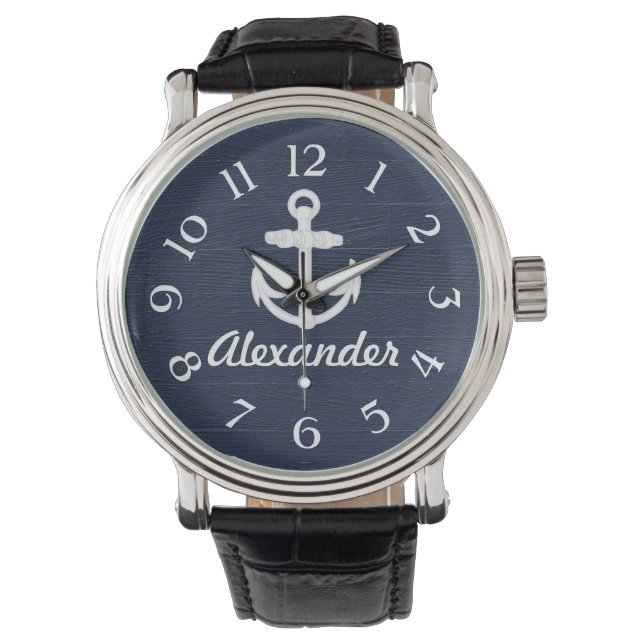 Navy Blue/White Nautical Anchor Custom Watch (Front)