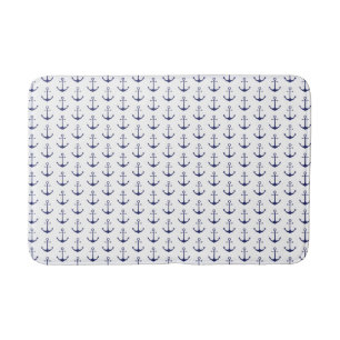 Navy Blue white nautical anchor pattern Bath Mat