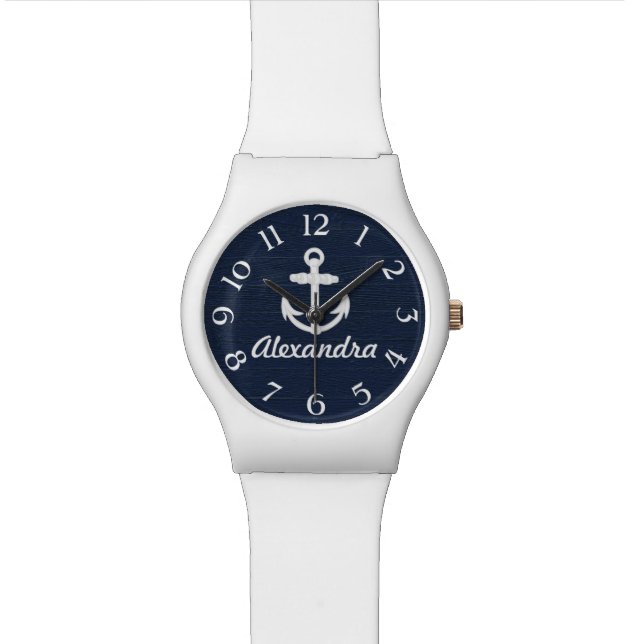 Navy Blue/White Nautical Anchor Personalised Watch (Close Up)