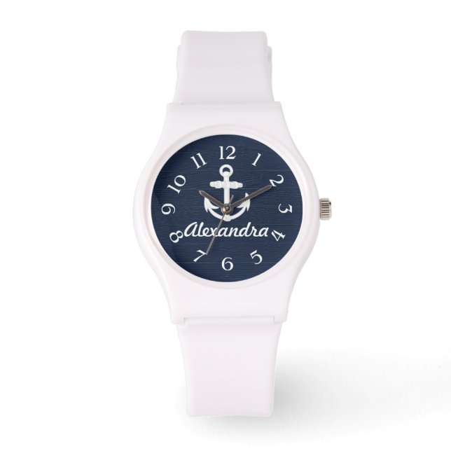 Navy Blue/White Nautical Anchor Personalised Watch (Front)