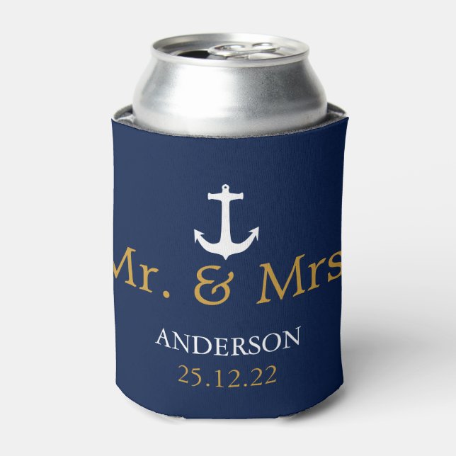 Navy Blue & White Nautical Anchor Wedding Can Cooler (Can Front)