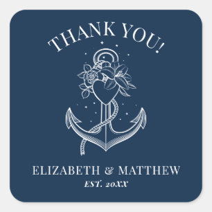 Navy Blue White Nautical Anchor Wedding Square Sticker