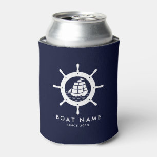 Navy Blue & White Nautical Boat Wheel Can Cooler
